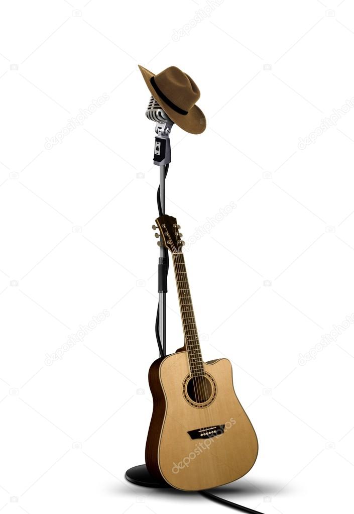 Vintage Microphone with Cowboy Hat and Guitar