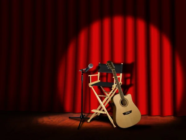 Mikrofon och gitarr på scen med gardiner — Stockfoto