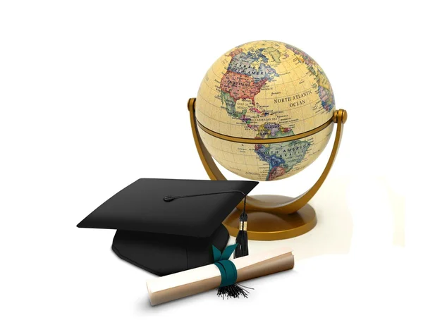 Mortarboard with Scroll and Antique Globe — Stock Photo, Image