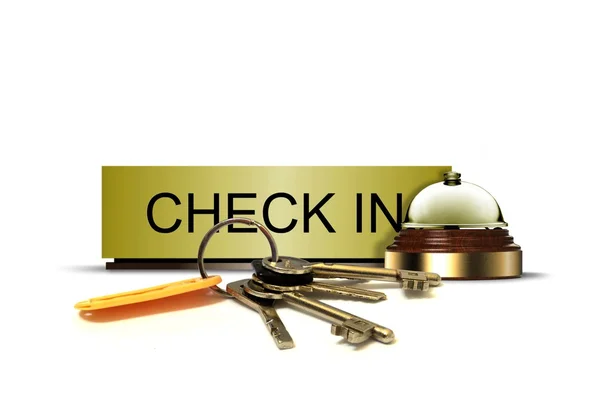 Check-in-Schild mit Klingel und Schlüsselbund — Stockfoto