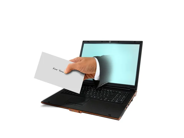 Hand Holding Envelope and Laptop Computer — Stock Photo, Image