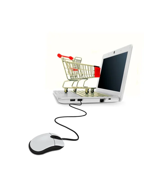 Computer Laptop with Mouse and Shopping Cart — Stock Photo, Image