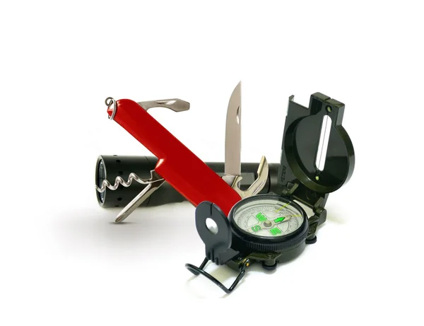 Survival Tools with Pocket Knife and Compass — Stock Photo, Image