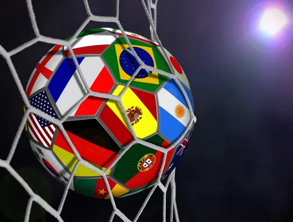 Soccer Ball with Team Flags in Goals Net — Stock Photo, Image