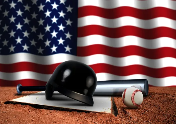 Honkbalknuppel met helm en Amerikaanse vlag — Stockfoto