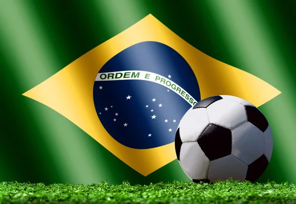 Soccer Ball on Grass with Brazilian Flag — Stock Photo, Image