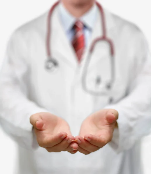 Médico Com Mãos Abertas Vazias Para Conceito Publicidade Cuidados Saúde — Fotografia de Stock