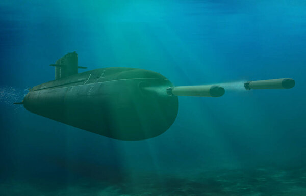  submarine submerge underwater firing torpedoes in the open sea