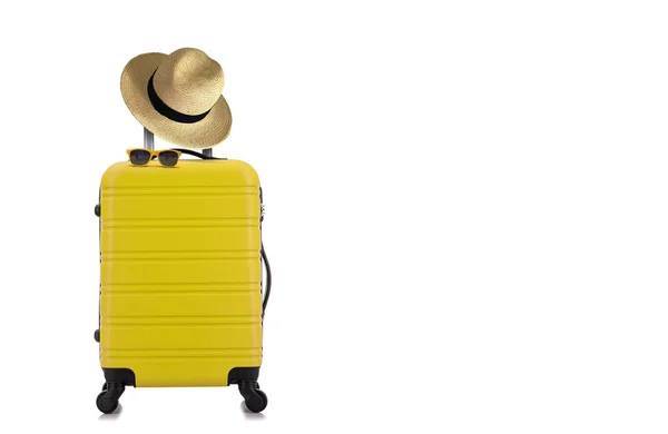 Travelling Concept Yellow Luggage Hat Yellow Sun Glasses Isolated White — Foto de Stock