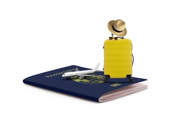 Tourism Concept Luggage Planes Placed Top Blue Passport White Background — Zdjęcie stockowe