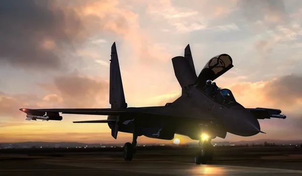 空军基地机场的战斗机准备在日落时起飞 — 图库照片