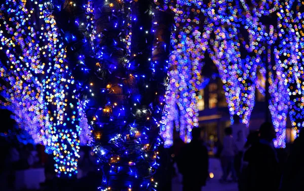 Vista Noturna Uma Iluminação Azul Árvore Natal Uma Rua Cidade — Fotografia de Stock