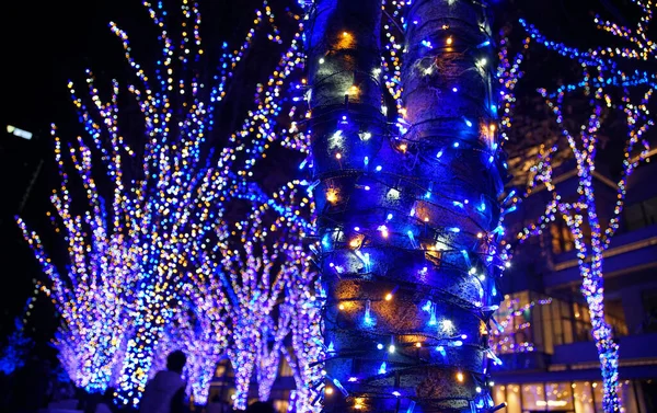 Blaue Weihnachtsbeleuchtung Auf Den Straßen Der Stadt Nachts — Stockfoto