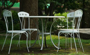 Güneşli bir günde yeşil bir bahçede beyaz bir masa.                               