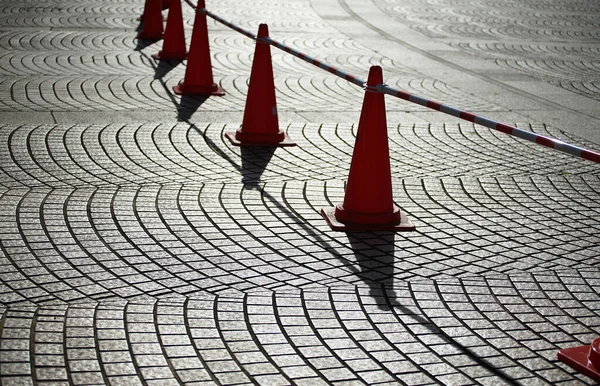 Road Cones Cobblestone Sidewalks Evening — Stock Photo, Image