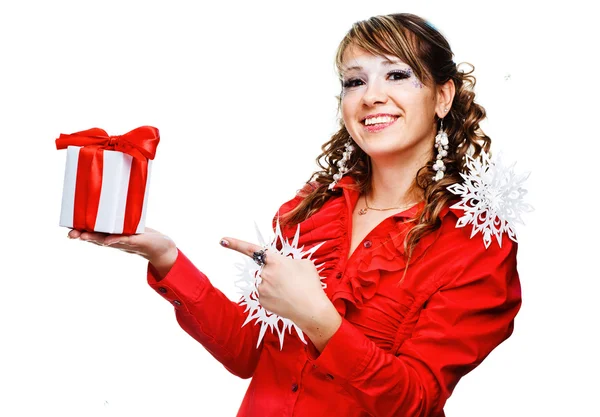 Sexy woman with present wrapped in white paper — Stock Photo, Image