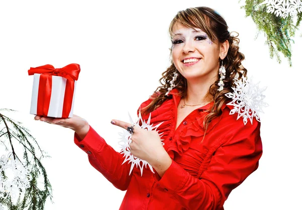 Sexy woman with present wrapped in white paper — Stock Photo, Image