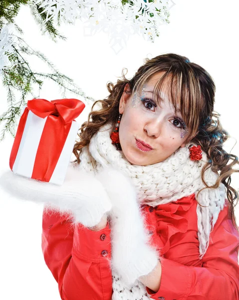 Sexy woman with present wrapped in white paper — Stock Photo, Image