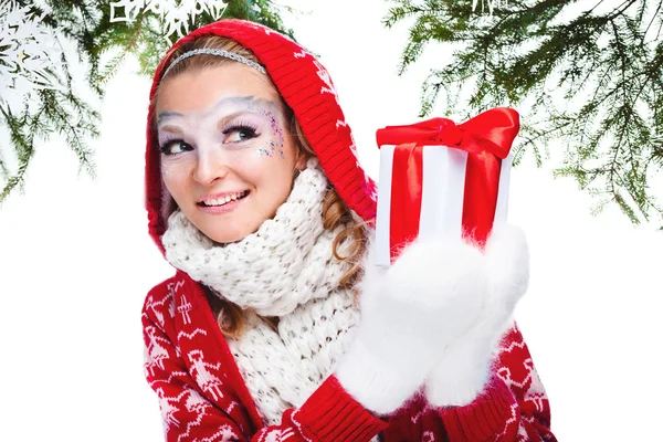 Sexy woman with present wrapped in white paper — Stock Photo, Image