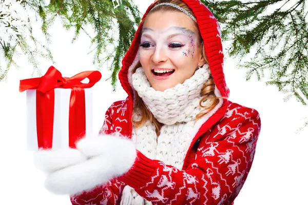 Woman with present wrapped in white paper — Stock Photo, Image