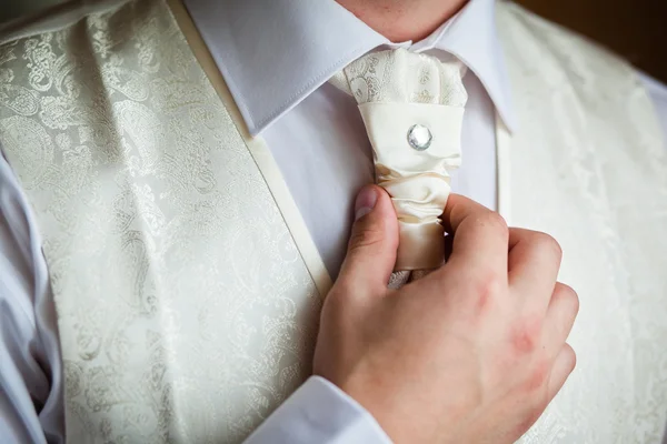 Ženich sada white tie rovně — Stock fotografie