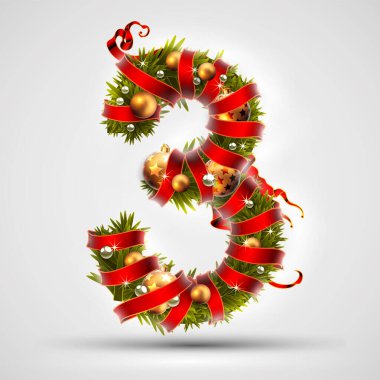 Noel ağacı dalları, kırmızı kurdele ve altın toplarla süslenmiş 3 numara. Çok gerçekçi bir çizim..