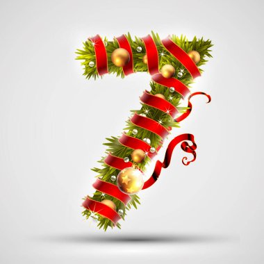 Noel ağacı dalları, kırmızı kurdele ve altın toplarla süslenmiş 7 numara. Çok gerçekçi bir çizim..