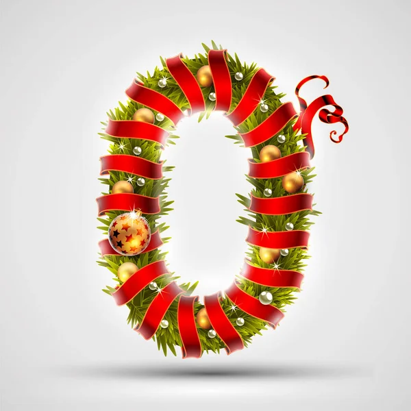 Číslo Zdobené Větvemi Vánočního Stromku Červenou Stuhou Zlatými Kuličkami Velmi — Stockový vektor