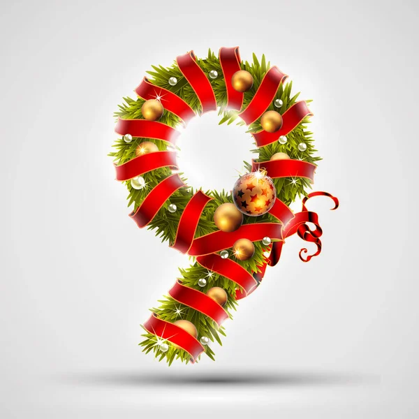 Número Decorado Con Ramas Árbol Navidad Cinta Roja Bolas Oro — Vector de stock