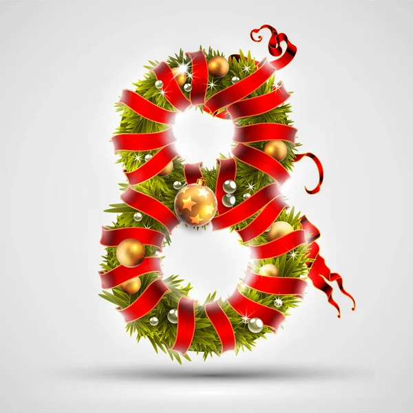 Numero Decorato Con Rami Albero Natale Nastro Rosso Palline Oro — Vettoriale Stock