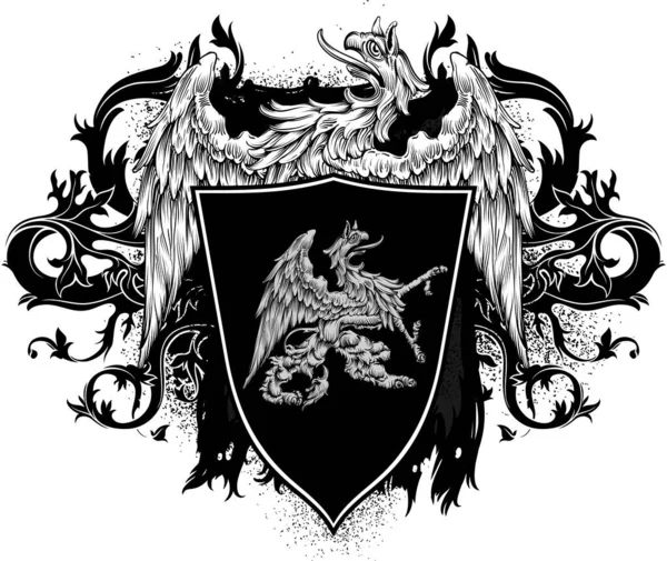 Heraldický Gryf Drží Černý Štít Gryfem Vysoce Realistické Ilustrace — Stockový vektor