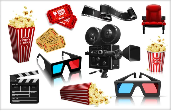 Popcorn Kaartjes Theaterstoel Bril Film Camera Haspel Klapbord Witte Achtergrond — Stockvector