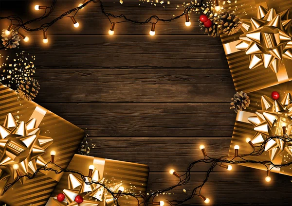 圣诞快乐 新年快乐 带有礼物和花环的木制背景 高度现实的例证 — 图库矢量图片