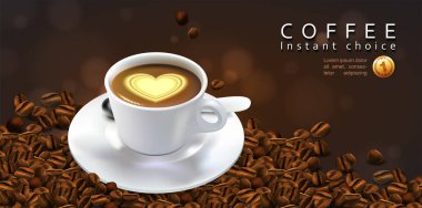 Kahve fincanının ortasında kremalı bir kalp ve kahve çekirdekleri. Yüksek detaylı gerçekçi illüstrasyon