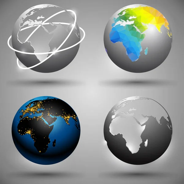 Serie Quattro Globi Decorativi Con Sagome Continenti Illustrazione Realistica — Vettoriale Stock