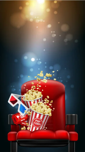 Auf Dem Roten Theaterstuhl Liegen Popcorn Gläser Und Eintrittskarten Weißer — Stockvektor
