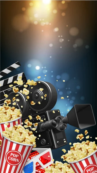 Illustration Für Die Filmbranche Popcorn Kamera Gläser Tickets Und Klappbrett — Stockvektor