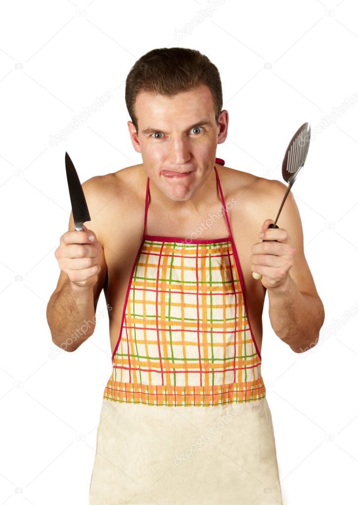 Men on a white background with a knife and a shumovka
