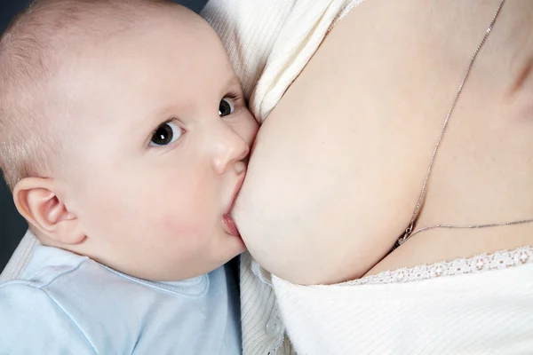 The dark-eyed child in a blue baby's undershirt sucks a breast, — Stock Photo, Image