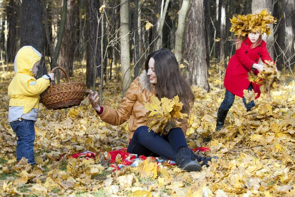Μητέρα με τα δύο παιδιά που κάθεται σε μια άκρη του φθινοπώρου ξύλου, col Royalty Free Φωτογραφίες Αρχείου