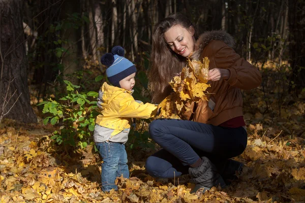 The boy in a yellow jacket helps mother to weave a wreath from l — Stock Photo, Image