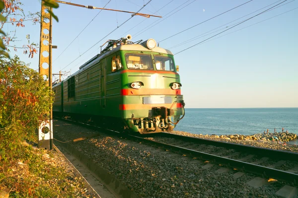 Пасажирський поїзд на морському тлі — стокове фото