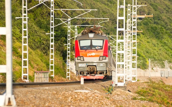 Ferrocarriles de tren en el fondo de las laderas verdes de montaña —  Fotos de Stock