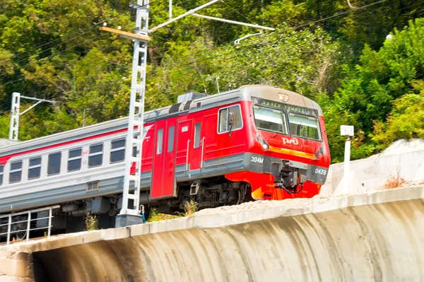 Vasút vonat, háttérben a zöld, hegyi sípályák — Stock Fotó