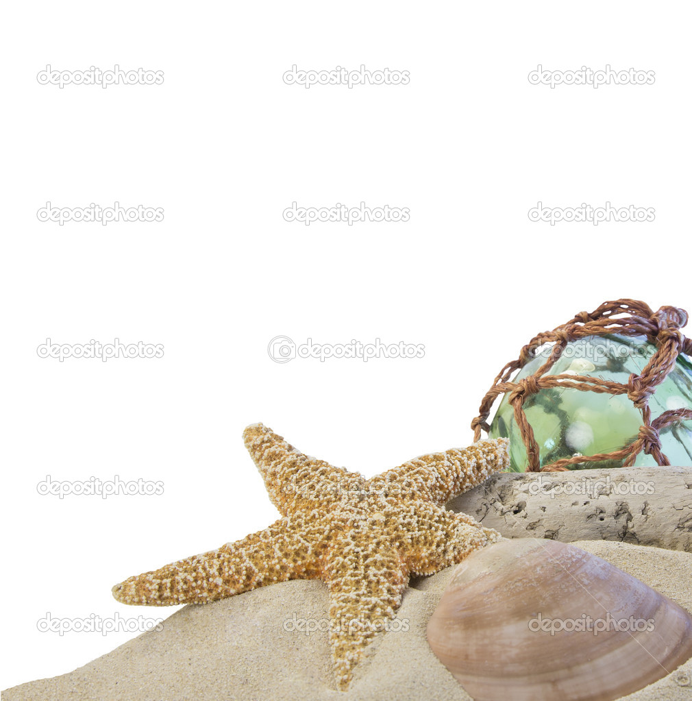 seashells on sand with glass ball on white