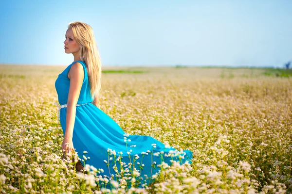 Schöne Frau in blauem Kleid auf einem Feld — Stockfoto