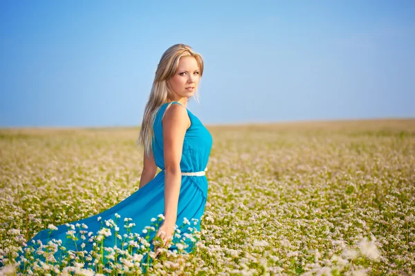 Bella donna che indossa un vestito blu su un campo — Foto Stock