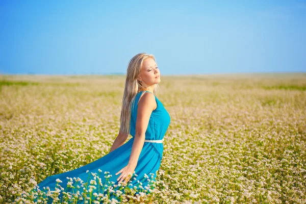 Mulher bonita vestindo vestido azul em um campo — Fotografia de Stock
