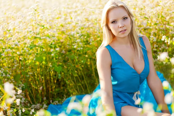 Mulher bonita vestindo vestido azul em um campo — Fotografia de Stock