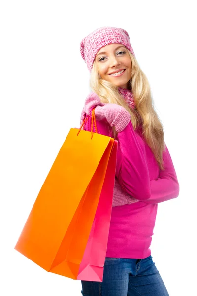 Mulher loira com sacos de compras — Fotografia de Stock